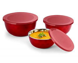 HMSTEELS 3 Pc Set Microwave Dimple Bowl Inside Stainless Steel Outside Plastic with Plastic Lid - Red Color - Capacity 250ml, 500ml, 750ml