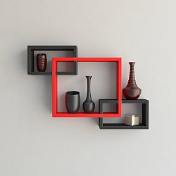 DecorNation 3 Piece Mounted Intersecting Storage Display MDF Floating Wall Shelf, Black and Red