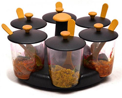 VR 360° Revolving Multipurpose Stand with 6 jar Each Having 250ml Capacity Unbreakable Transparent Body Orange Color 1 Piece Condiment Set  (Polypropylene)
