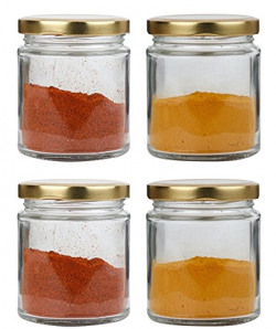 Pure Source India Small Glass jar Set of 4 pcs coming with metal Golden color Air Tight and Rust proof cap, Capacity 50 Gram About Made In India