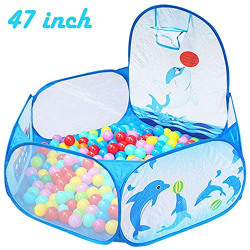 Toyshine Kids Ball Pit Ball Tent House Ball Pit with Basketball Hoop and Zippered Storage Bag, 10 Balls Included