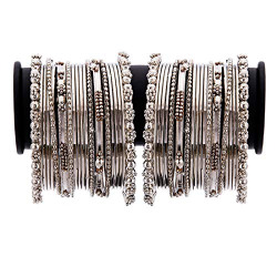 Zeneme Jewellery Traditional Silver Plated Oxidized Bracelet Bangles Set for Girls and Women