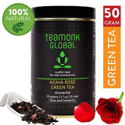 Teamonk Nilgiri Organic Rose Tea 50 Grams (25 Cups) | Natural Rose Whole Leaf Tea Petals Flavoured Green Tea with No Additives (Azaya)