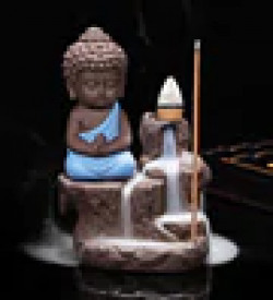Blue Polyresin Monk Buddha Smoke Flow Incense Holder with 10 Free Scented Cone by Aspiration collection