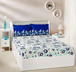 Amazon Brand - Solimo Jasmine Zest 144 TC 100% Cotton Double Bedsheet with 2 Pillow Covers, Blue