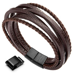 Moneekar Jewels Leather Bracelet Double Magnetic-Clasp Cowhide Braided Multi-Layer Wrap Mens Bracelet (Brown Black 8.2 Inches)
