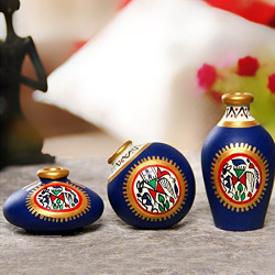 ExclusiveLane Terracotta Warli Hand-Painted Home Decorative Miniature Small Pots Vases Set for Living Room (9.4 cm x 9.4 cm x 8.9 cm, Blue, Set of 3)