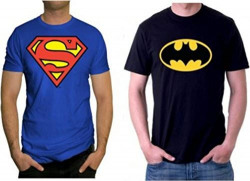 Devil Men's|Boy's Black Batman & Blue Superman Half Sleeve Cotton T-Shirt Set of 2 Medium