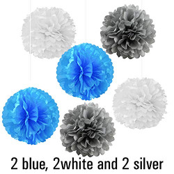 Party Propz Blue and White and Silver Color Pom Pom for Decoration Set of 6