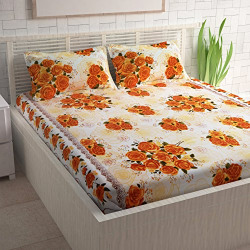 Divine Casa Basics 104 TC Cotton Double Bedsheet with 2 Pillow Covers - Floral, Orange