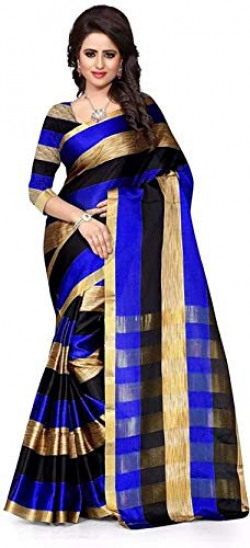 Lara Fashion Hub Women's Multicoloured Cotton Silk Saree with Blouse Piece (Blue)