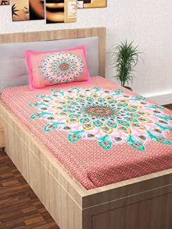 Story@Home 120 TC 100% Cotton Rajasthani Feather Pattern Fantasy Collection 1 Single Bedsheet with 1 Pillow Cover - Pink