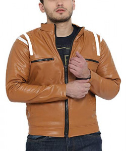 Teesort PU Leather Jacket with Fur Lining for Men Tan