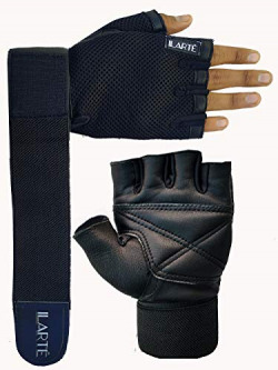 ILARTE Leather Gloves for Exercise Training and Gym Workout with Wrist Support (Black, Medium)