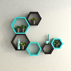 RjKart Hexagon Shape Storage Wall Shelves For Home - Sky Blue & Black (Set Of 6)