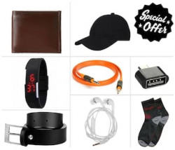 Jack Klein Maha Combo of Black Belt, Brown Wallet, LED Watch band, Handsfree Earphones, Aux Cable, Otg, Pair of Socks And Black Cap