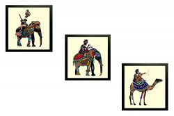 SAF Elephant Folk Art Modern Art 9271 Set of 3 Painting (25 x 3 x 25 cms)