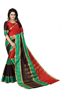 PERFECTBLUE Women's Cotton Silk Saree with Blouse Piece (ClassciVatiation2, Red and Rama, Free Size)