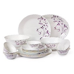 Cello Imperial Lilac Orchid Opalware Dinner Set, 21 Pieces, White