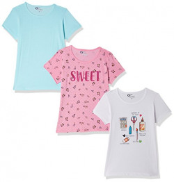 Qube By Fort Collins Girls' Animal Print Regular Fit T-Shirt (Pack of 3) (72-asp_Pink, White and Sky Blue_5-6 Years)