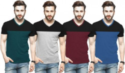 Tripr Color block Men V-neck Multicolor T-Shirt(Pack of 4)
