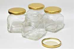 Pure Source India Small Glass jar Set of 4 pcs Coming with Metal Golden Color Air Tight and Rust Proof Cap, Capacity 100 Gram About Made in India