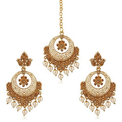 MEENAZ Copper and Brass Gold-plated Kundan Maang Tika and Earrings for Women