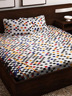 Story@Home Bedsheet for Double Bed With 2 Pillow Covers Combo Set, 100% Cotton - Magic Series, 152 TC, Geometric Squares (Multicolor)