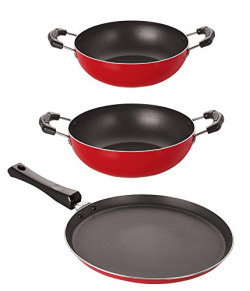 Nirlon Non-Stick Aluminium Cookware Set, 3-Pieces, Red (2.6mm_FT13_KD10_KD11)