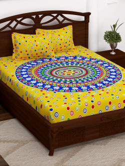  Story@Home Vintage Jaipuri Collection 152 TC Cotton 1 Double Bedsheet and 2 Pillow Cover - Floral, Yelllow