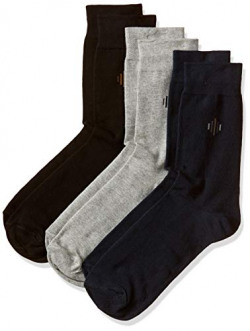 Woodland Men's Cotton Calf Socks (Pack of 3) (BD 119TA27_Blk/Gry/NVY_Large)