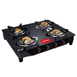 Baltra Glimmer Glass Top 4 Burner Gas Stove Black (2 Year Warranty with Doorstep Service)