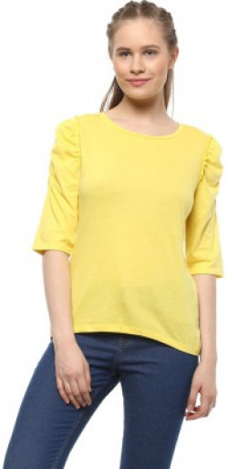 People Casual 3/4 Sleeve Solid Women Yellow Top