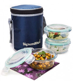 Signoraware Executive Glass Lunch Box Set with Bag, 400ml/16cm, 3-Pieces (with 3 seals), 1 bag, Transparent