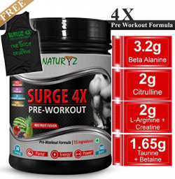 Naturyz Surge 4x Advanced Pre-Workout Supplement with 15 Ingredients for Pump, Energy & Power (30 Servings) - 360 gms Mix Fruit Fusion Flavour