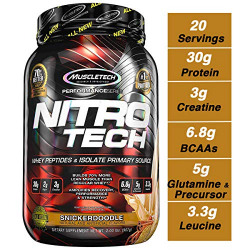 Muscletech Performance Series Nitrotech Whey Protein Peptides & Isolate (30g Protein, 2g Sugar, 3g Creatine, 6.8 BCAAs, 5g Glutamine & Precursor, Post-Workout) - 2lbs (907g) (Snickerdoodle)