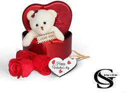 Grow n Shine GS Heart Shaped Red Box with Soft Teddy and Scented Roses Pack