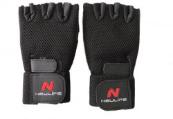 Neulife Leather Plam With Wrist Spport ( Heavy Netted ) Gym & Fitness Gloves(Black)