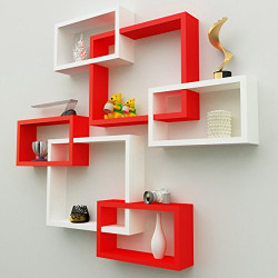 Santosha Decor MDF Metallic Paint Wall Decoration Shelf Rack, (Red and White)-Set of 6