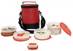 SimpArte Flexi Lid Lunch Box, 5-Pieces, Red (Patterned Red Bag)