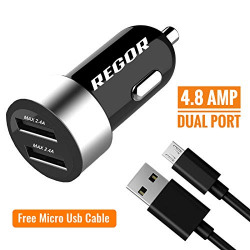 Regor [4.8Amp - 2 Port] High Speed Car Charger for All Smartphones & Tablets + Free Micro USB Cable