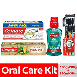 Colgate Total Advanced Health Anticavity Toothpaste - 185 g with Colgate Swarna Vedshakti Toothpaste - 200 g and Colgate Plax Freshmint Splash Mouthwash - 250 ml and Colgate Slim Soft Charcoal Toothbrush (Buy 2 Get 1 Free)