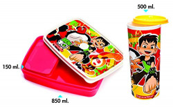 Signoraware Easy Lunch Box (Ben10 Orange) with Tumbler_Ben 10, 150ml+850ml & 500ml Tumbler, Set of 3, Red