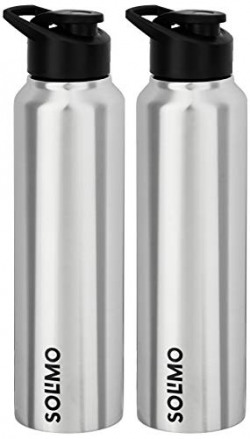 Amazon Brand - Solimo Steel Water Bottles with Flip Top Cap (Set of 2, 1L, straight pattern )