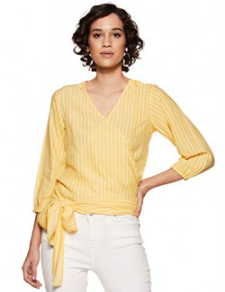 Amazon Brand - Inkast Denim Co. Women's Striped Slim fit Shirt (SS19INKTP008A_Mustard White_Small)