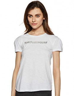 Flying Machine Women's Animal Print Regular fit T-Shirt (FWTS1405_White_Large)