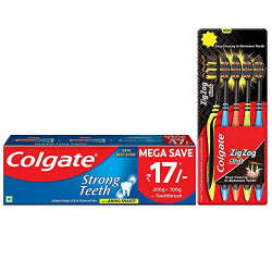 [pantry] Colgate Strong Teeth Anticavity Toothpaste with Amino Shakti - 300 g with Free Toothbrush and Colgate Zigzag Black Medium Toothbrush - Pack of 5