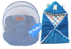 My NewBorn Baby Wrapper and Foldable Mosquito Bed Net with Pillow (Blue)