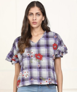 AND Casual Short Sleeve Checkered Women Blue Top