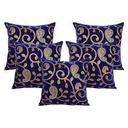Vinayaka Fab Ambi Embroidery Design Velvet Fabric Cushion Cover (Royal Blue and Gold, 16  x 16-inch) - Set of 5